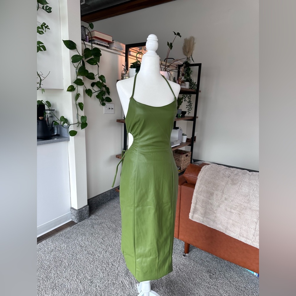 Green Meshki Cut Out Faux Leather Midi Dress